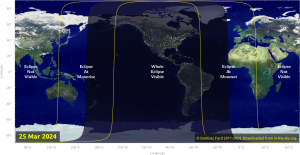 Map showing the areas of visibility for the March 24-25, 2024, penumbral lunar eclipse. In a penumbral eclipse, the lighter outer part of Earth’s shadow falls on the moon. So this is a subtle kind of eclipse.