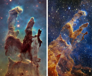 Pillars of creation the majestic Eagle Nebula, adorned with a mesmerizing pillar of fire