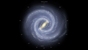 A stunning graphic of the Milky Way galaxy, showcasing its spiral arms and bright stars against a dark sky