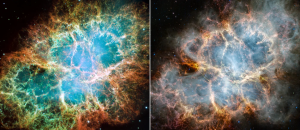 The Crab Nebula: Side-by-side comparison of the Crab Nebula as seen by the Hubble Space Telescope in optical light (left) and the James Webb Space Telescope in infrared light (right). Hubble Image: NASA Webb Image: NASA, ESA, CSA