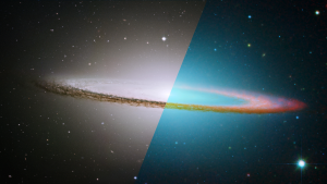 The Sombrero Galaxy: Optical View (Left): The dust ring is partially hidden in the galaxy's visible-light glow