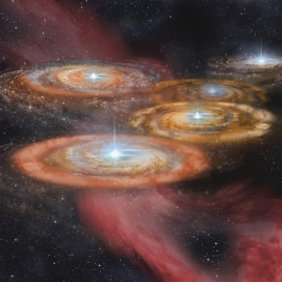 Artistic illustration, of a cluster of the first five stars of the  early universe forming from the sheath of a gas cloud