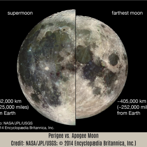 Comparison image showing a larger supermoon at perigee next to a smaller micromoon at apogee.